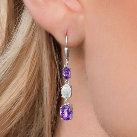925 Sterling Silver with 5.30 Cttw 3 Stone Amethyst and White Opal Drop Earrings